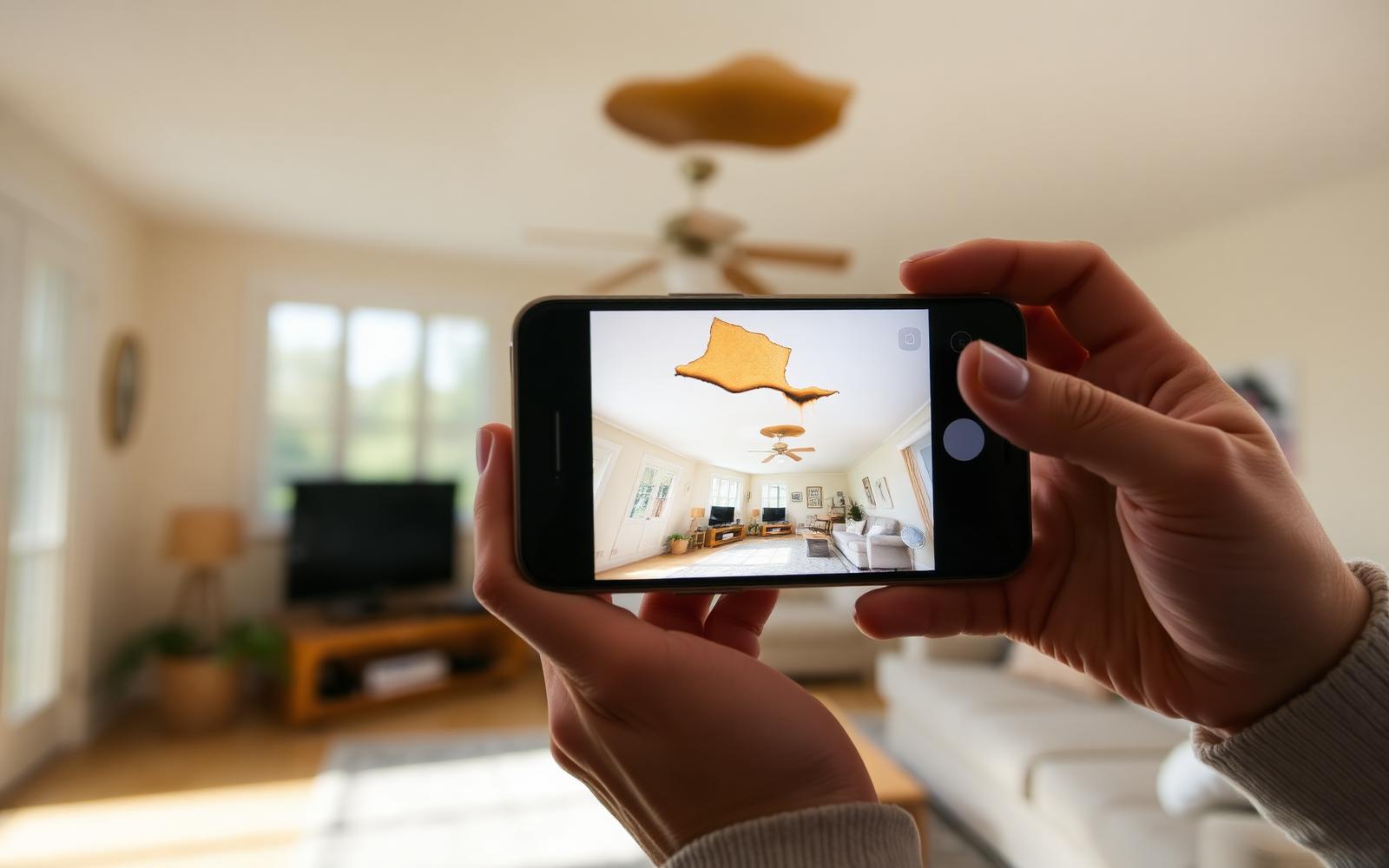 Homeowner photographing a water stain on the ceiling with a phone